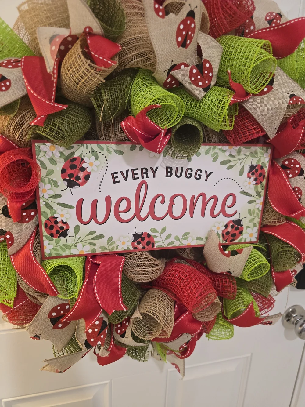 Welcome Ladybug Holiday Wreath - Red, Green & Natural
